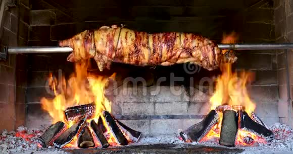 猪在柴火烧烤炉里吐唾沫炒猪视频的预览图