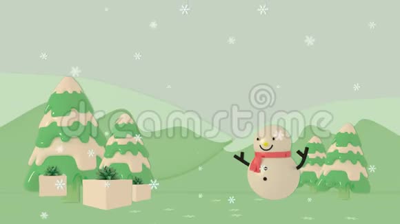 动画S循环雪人和礼品盒在松树公园视频的预览图