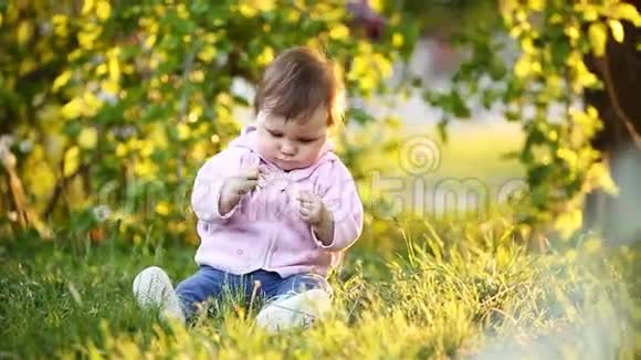日落时分坐在公园草地上的漂亮小女孩视频的预览图