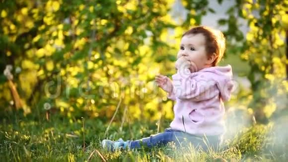 日落时分坐在公园草地上的漂亮小女孩视频的预览图