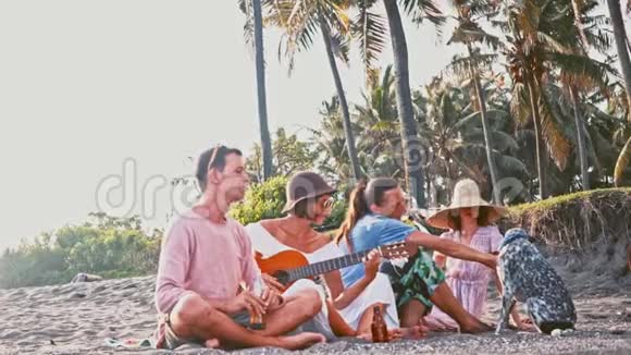 年轻人在海滩上玩得很开心岛上的周末朋友们一起用吉他和有趣的狗唱歌视频的预览图