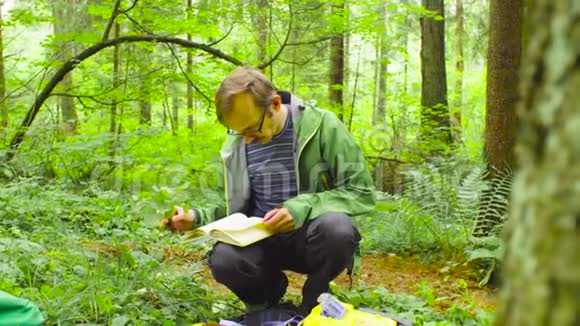 一个森林里的生态学家在检查植物视频的预览图