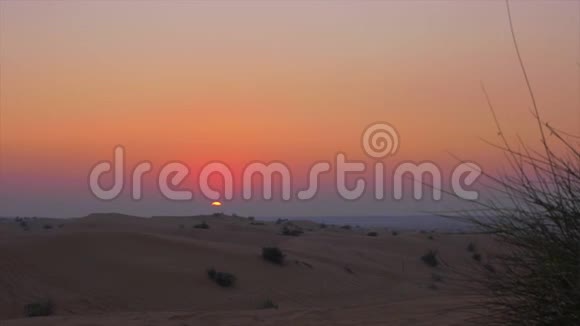 黄昏的日落在沙漠的天空背景沙丘上五颜六色的沙漠日落视频的预览图