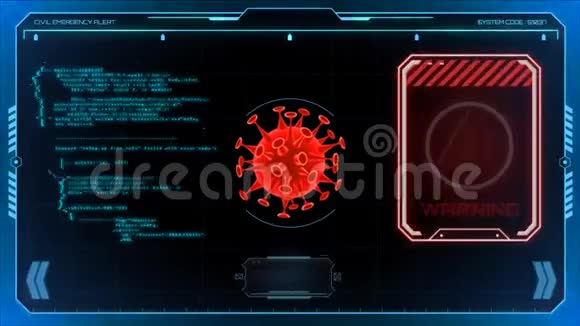 动画红色病毒与文字警告在蓝色框架视频的预览图
