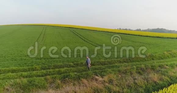 男性农场研究员站在田野的土路上视频的预览图