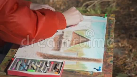 绘画老师和一个学生孩子画彩色蜡笔视频的预览图
