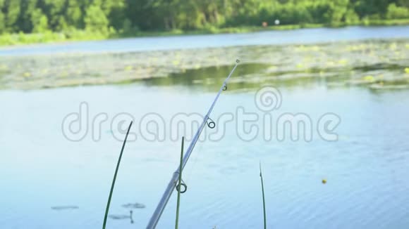 夏日湖上钓竿专业钓竿等待水河上的叮咬视频的预览图