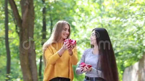 两个留着长发的快乐女朋友红玫瑰花瓣视频的预览图