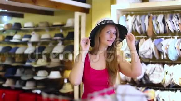 年轻快乐的金发女郎在商店里选择草帽视频的预览图