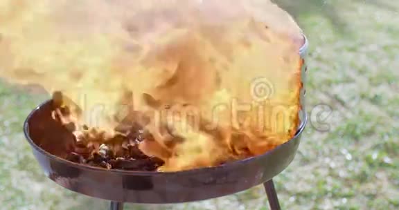 在烧烤中点燃木炭砖视频的预览图