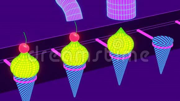 制作带有华夫饼锥和红色樱桃循环动画的冰淇淋霓虹灯风格视频的预览图
