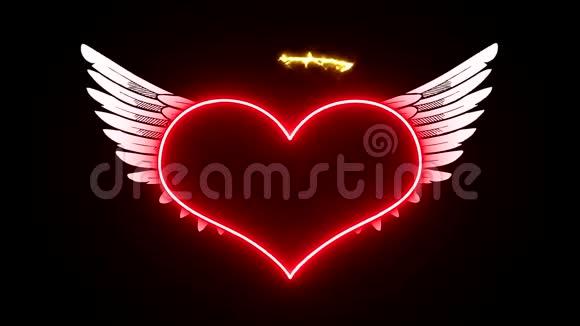 天使的心有翅膀和文字在霓虹灯的照耀下宣布爱情视频的预览图