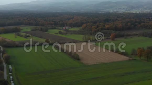 东斯洛文尼亚乡村的空中景色有田野森林和树篱分隔田野和草地的绿篱视频的预览图