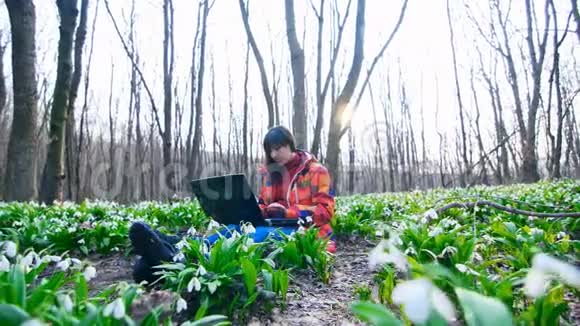 一个年轻漂亮的女孩正拿着一台笔记本电脑在春天的森林里工作那里到处是盛开的雪花视频的预览图