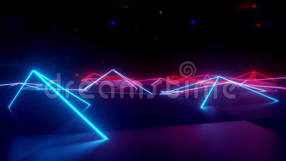 霓虹灯线性灯在一个低的多色面上有渐变的红蓝色发光的多色球视频的预览图