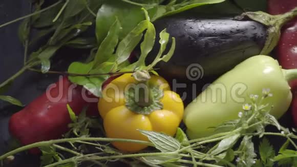 蔬菜茄子和辣椒在自然光线下的水滴中在黑暗的表面视频的预览图