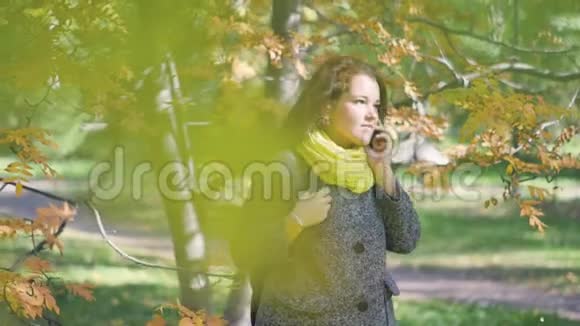 一位快乐的红发年轻女子脸上长满雀斑在秋日公园散步边打电话边看短信视频的预览图