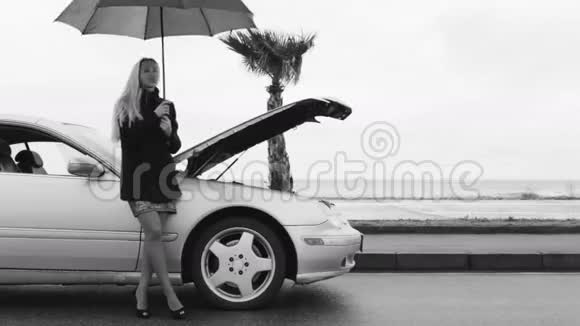 小女孩站在伞下一辆破车旁等待救援视频的预览图