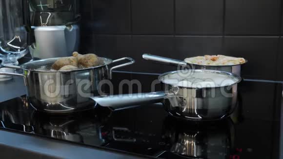 电炉上的锅蔬菜在炉子上煮烹饪菜肴的过程聪明的厨房电磁炉视频的预览图