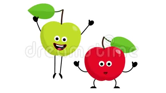 红苹果和绿苹果卡通人物高兴得跳起来视频的预览图