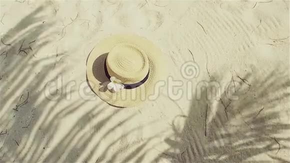 草帽上沙防晒理念带着帽子和棕榈叶的静物视频的预览图