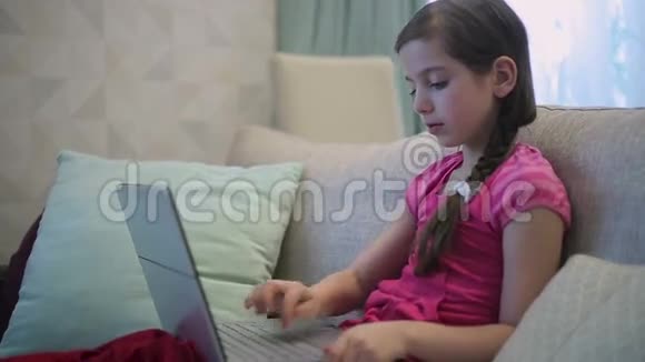 沙发上的一个女孩正在用笔记本电脑进行教育视频的预览图