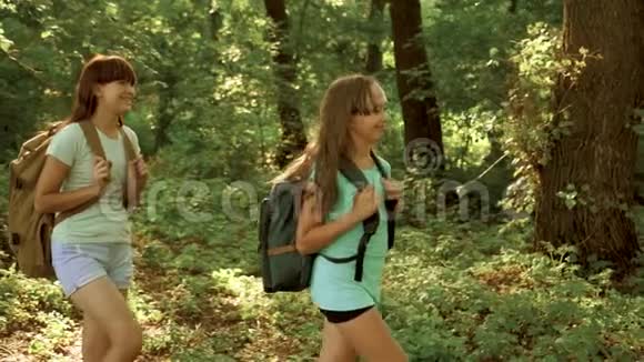 带着背包的疲惫女孩旅行者穿过森林的灌木丛远足的女人在森林里散步快乐的徒步旅行者视频的预览图