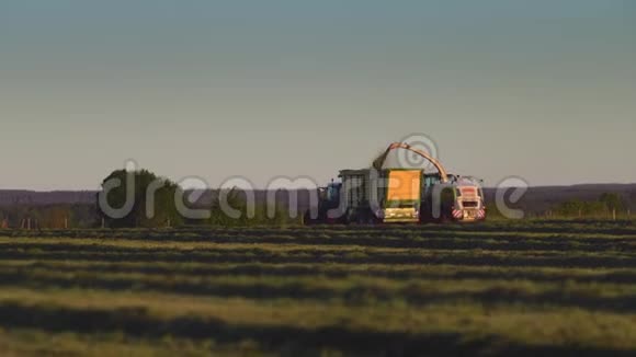 在阳光明媚的春天在草地上工作拖拉机农业机械视频的预览图