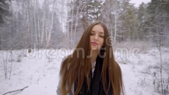 特写一幅年轻漂亮的时尚女士在雪地背景下的冬季公园户外散步的肖像是的视频的预览图