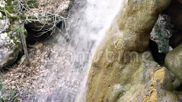 在长满青苔的石质河床上流动的小山河上瀑布的侧景春天纯净的淡水视频的预览图