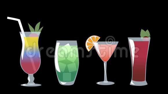 黑色背景下鸡尾酒的2d动画带着彩色饮料的酒杯变成霓虹灯发光视频的预览图
