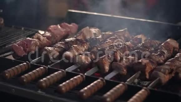在布拉齐耶烧烤的特写猪肉串烧烤肉串视频的预览图