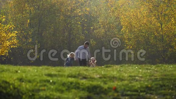 父亲和他的两个女儿在草地上奔跑视频的预览图