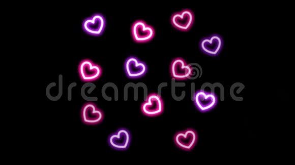 动画霓虹灯粉红心形状在黑色背景视频的预览图