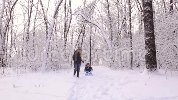 冬天妈妈和儿子在雪橇上散步视频的预览图