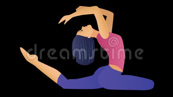2d动画瑜伽姿势的白种人女孩举起手和腿变成闪光的霓虹灯视频的预览图