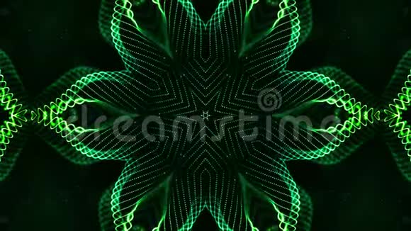 4k循环科幻三维背景与辉绿粒子形成线表面图案万花筒结构视频的预览图