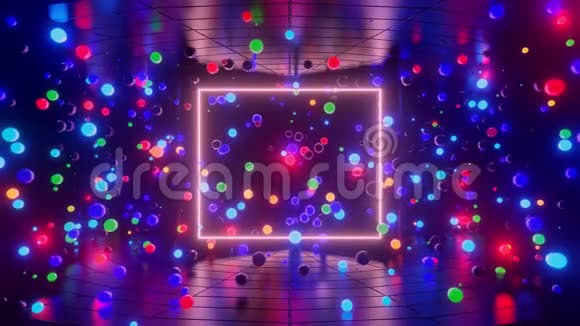 3D抽象创意动画背景与霓虹灯发光多色球体内部相机反射墙壁发光视频的预览图