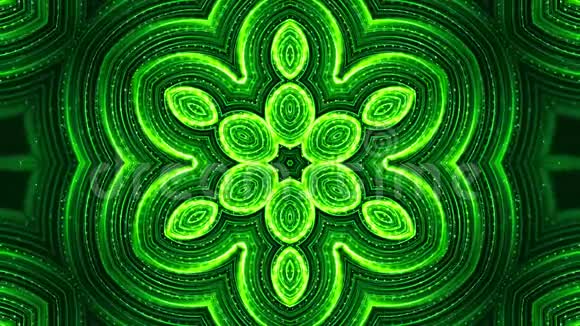 4k循环科幻三维背景与辉绿粒子形成线表面图案万花筒结构视频的预览图