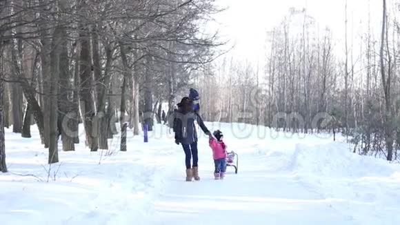 妈妈和女儿在雪林里在公路雪橇上驾驶视频的预览图