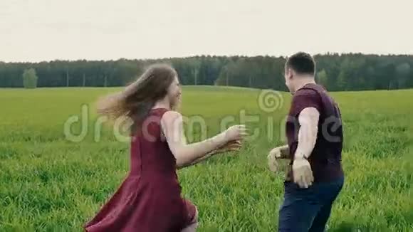 恋爱中的一对夫妇在田野里快乐地奔跑在夏天女人像个孩子一样追逐她的男人慢莫稳定射击视频的预览图