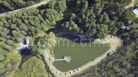 秋天森林中圆形池塘的鸟瞰图录像森林中池塘的俯视图视频的预览图