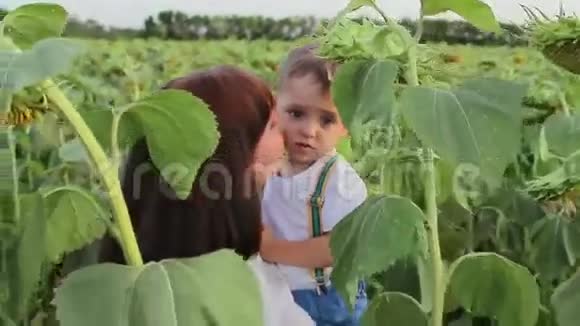 年轻的女孩手里拿着她的小儿子走在向日葵之间视频的预览图