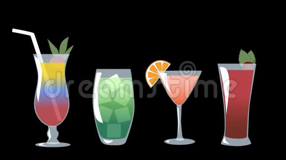 阿尔法频道鸡尾酒的2d动画带着五颜六色的饮料的酒杯变成霓虹灯视频的预览图