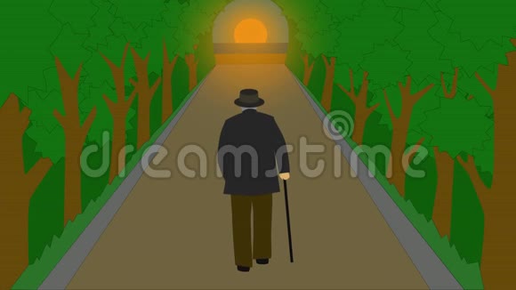 二维动画穿着优雅服装的成熟白人男子的后视图沿着公园小巷走向日落视频的预览图