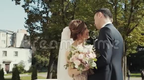 新婚夫妇在公园里散步感动和情感时刻视频的预览图