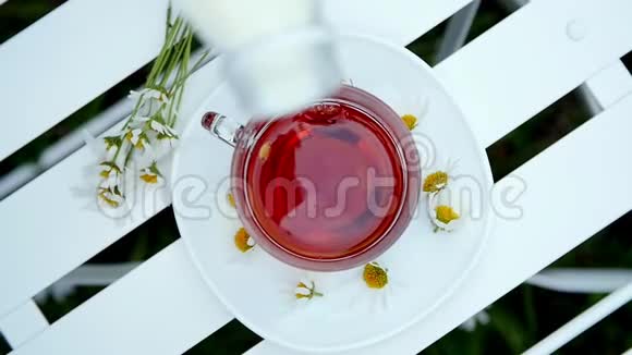 特写俯视减速在一个用雏菊装饰的白色茶托上有一个杯子透明的茶杯视频的预览图