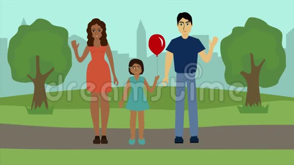 2D动画年轻幸福的一家人站在公园里对着镜头挥手微笑着高加索人的父亲视频的预览图