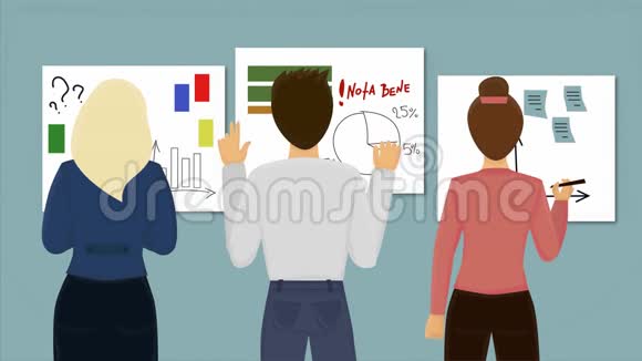 2D动画片后视三人站在商家面前的图形从事项目工作的男女小组视频的预览图
