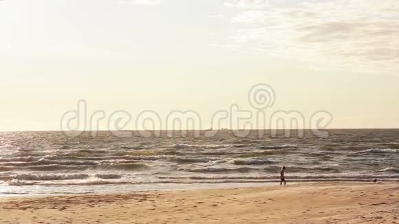 一个穿着白色连衣裙的年轻女孩在沙滩上走来走去寻找某种东西的遥远景色视频的预览图